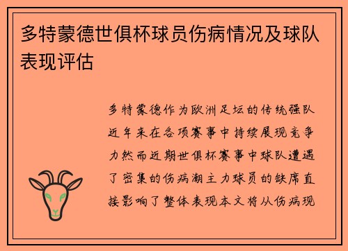 多特蒙德世俱杯球员伤病情况及球队表现评估